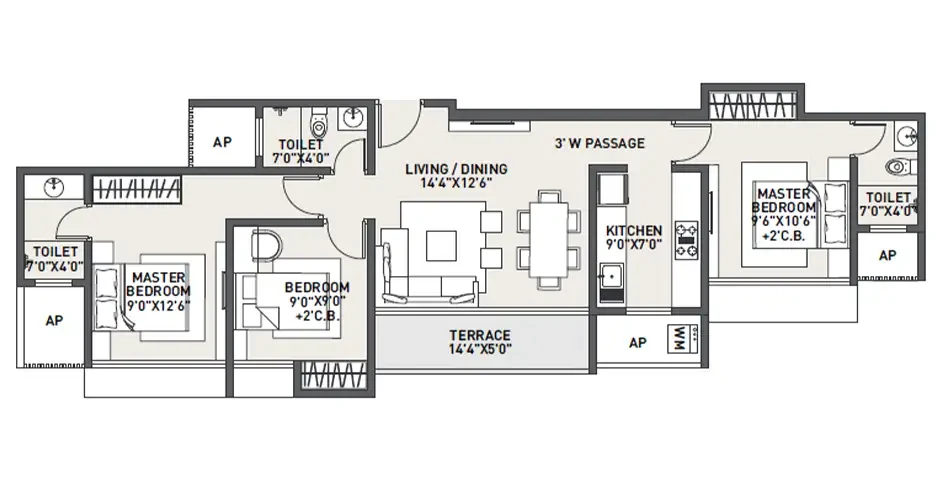 Raunak Earth Park 3 BHK floor plan, Kalyan West