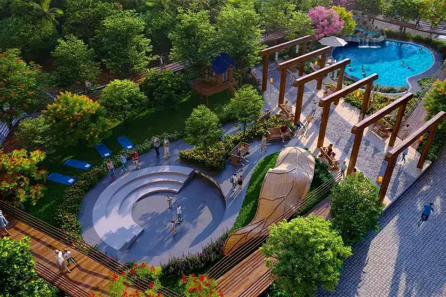 Aerial view of the amenity landscape and seasons avenue gardens at Raunak Earth Park