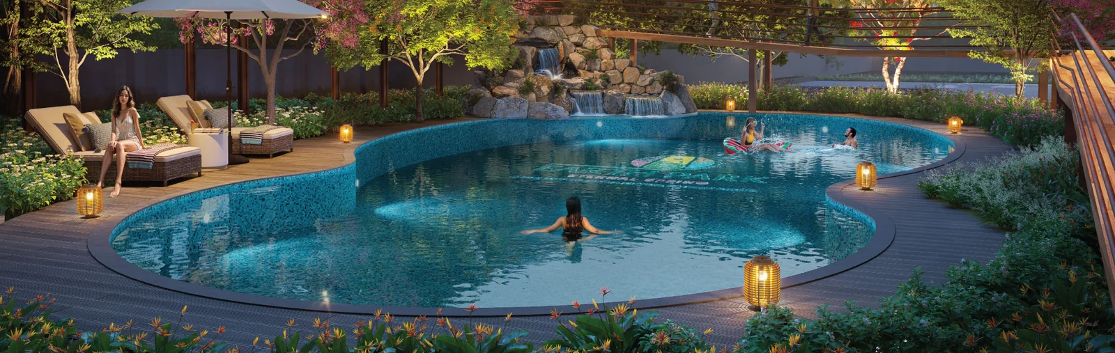 Aerial view of the pool and landscaped amenities at Raunak Earth Park